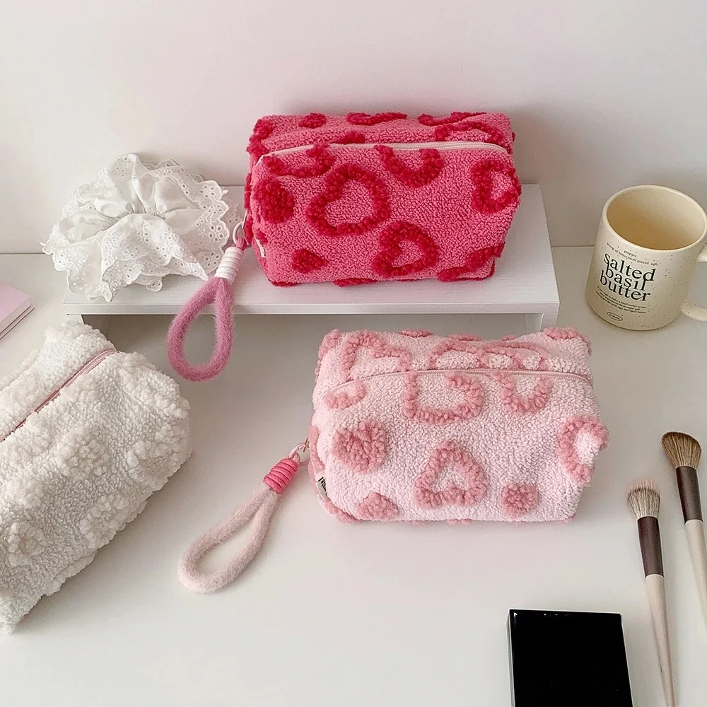 

1PC Cute Plush Makeup Bag Love Print Cosmetic Case with Handle Portable Travel Organizer Pouch Pencil Case Clutch for Women Girl