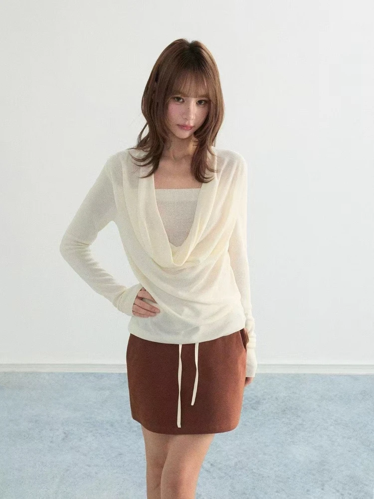 Y2K Vintage Women Soft Knit Cover‑up Blouse Gentle Romantic Atmosphere Korean Fashion Loose Casual Streetwear Layering Tops