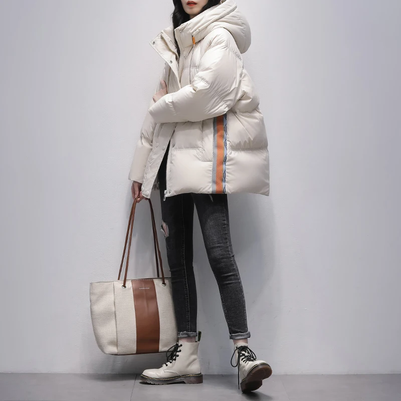 2023 Women Winter New Fashion White Duck Down Jackets Female Loose Solid Color Overcoats Ladies Thicken Warm Hooded Coats