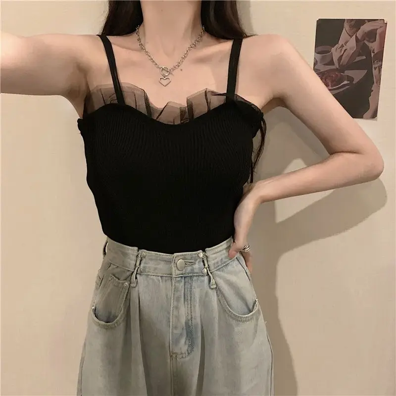 

French Black Chic Small Camisole Women Summer 2023 New Style Lace Tank Top Spicy Girl Inner Top
