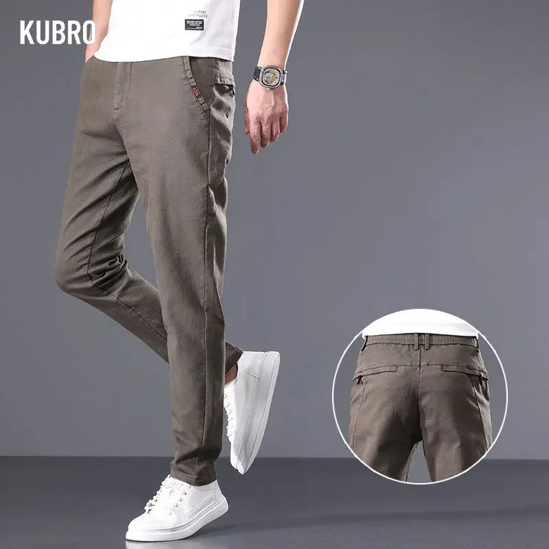 

KUBRO Spring Summer Men's Korean Smart Casual Slim Fit Elastic Waist Pants Business Classic Straight Trousers Male Coffee Grey