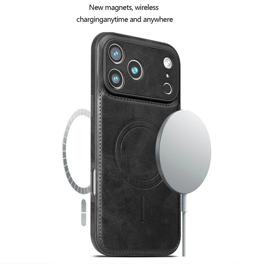 

Luxury Phone Case for iPhone 17 Pro Max Air 16 Pro 16e 15 Plus 14 13 12 Wireless Charging Cowhide Leather Lens Protection Cover