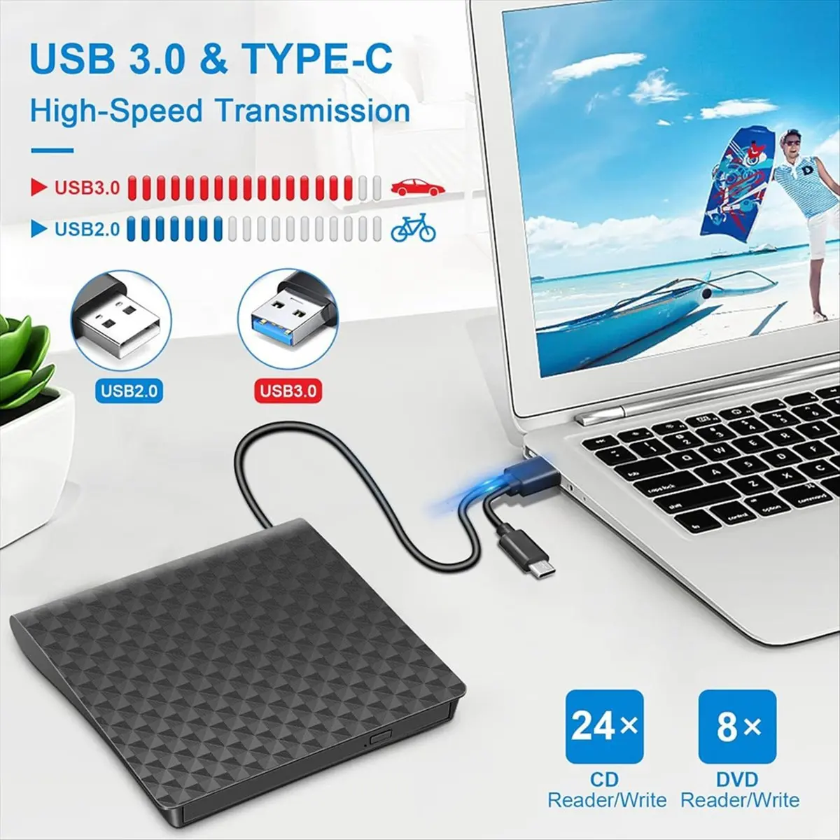 USB 3.0 Type C External CD DVD Player Optical Drive Reader Player Portable DVD CD Drive Burner Reader for Laptop Desktop