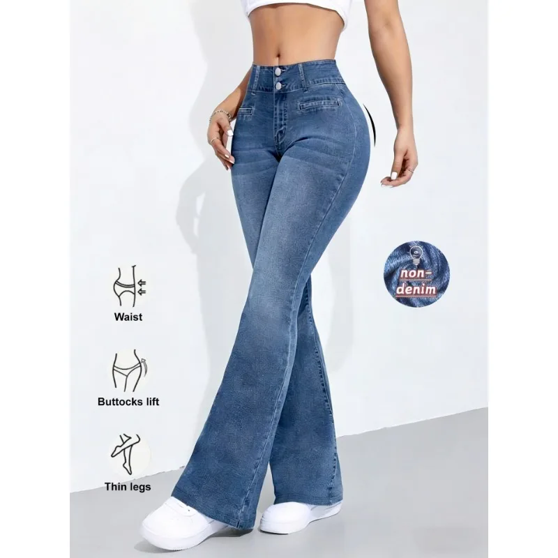 New Women Imitation Denim Flare Pants European American Style Slim Fitted Thin Casual Commute Street Fashion Bell Bottom Trouser