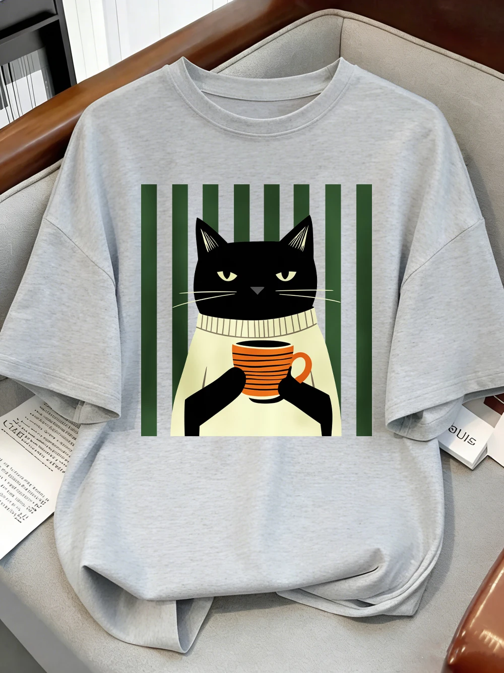Schwarze Katze Kaffeetassen-Druck Baumwoll-T-Shirts Damen Sommer Oversized Tops Lässige Weiche Kurzarm-T-Shirts Basic O-Ausschnitt Kleidung – Detail 14