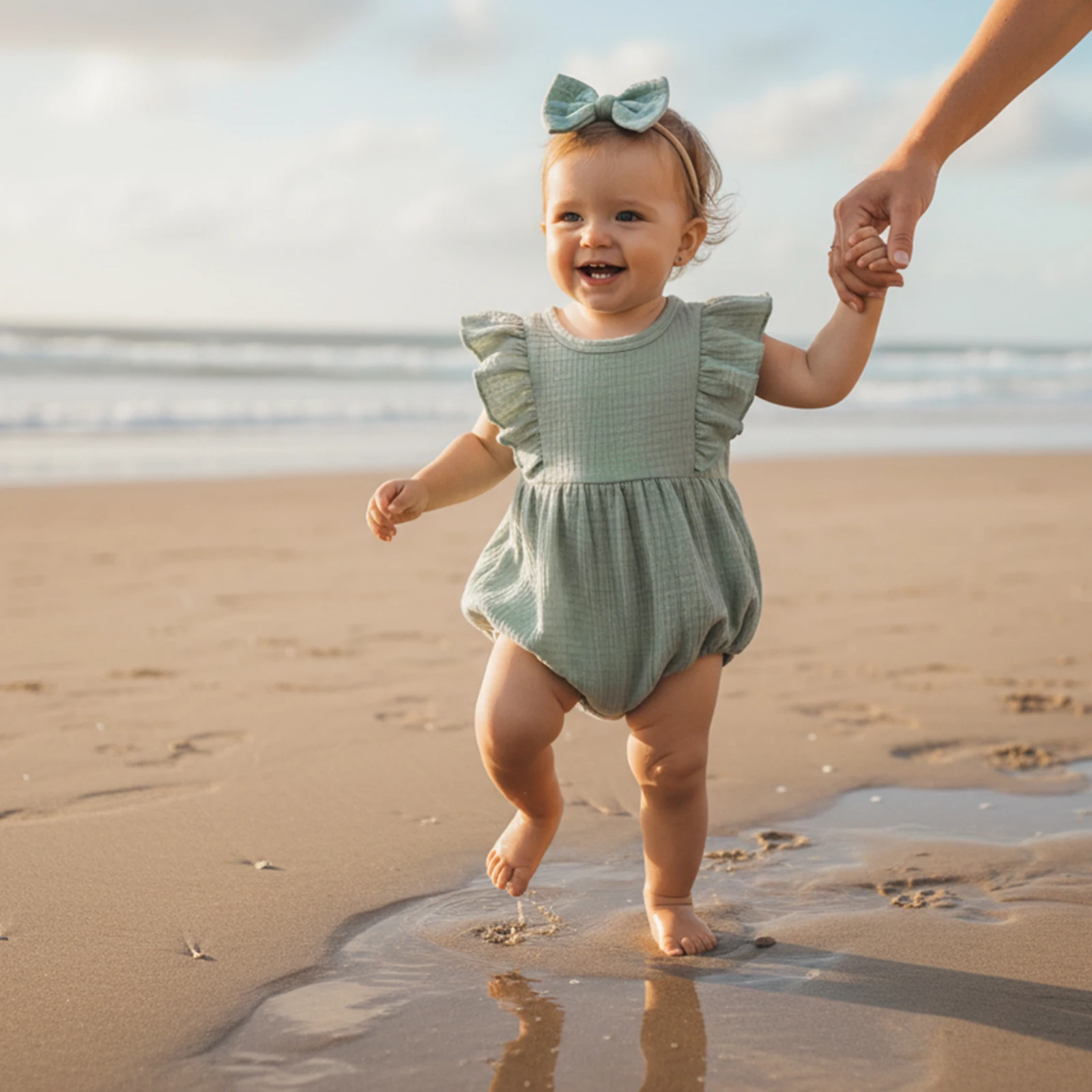 2Pcs Infant Baby Girl Bodysuits Outfit Flying Sleeve Crew Neck Solid Color Romper with Bow Headband Set