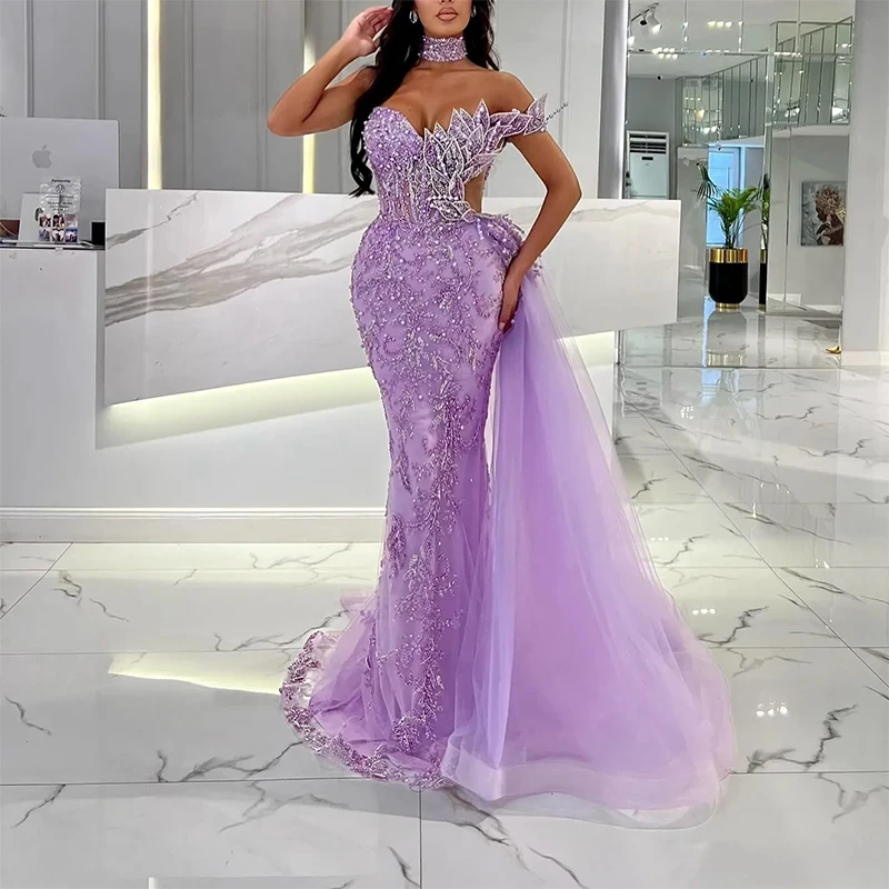 

Purple One-Shoulder Formal Evening Dresses pearl Beaded Applique Mermaid Court Train Prom Dresses Customized robe de soirée
