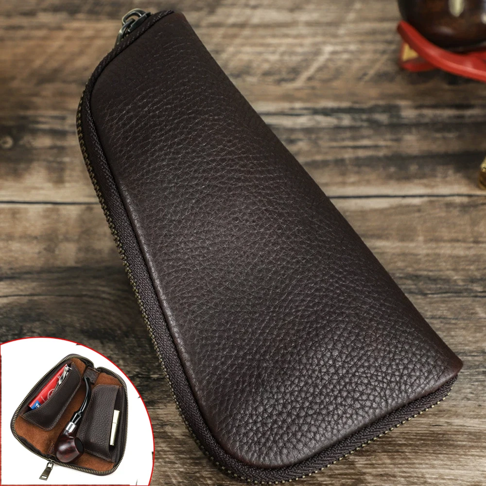 Tobacco Pipe Bag Retro Crazy Horse Textured Cowhide Travel Portable Genuine Leather Pipe Storage Pouch