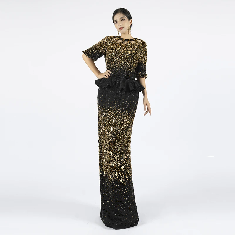 Luxury Evening Dress for Women 2024 Heavy Golden Beaded Sequin Gown Celebrity Party Prom Clothing فساتين سهره نسائيه فخمة M21