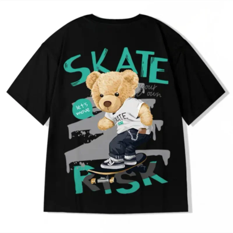 Skate Bear Printed Oversized T-shirt For Men Summer Hip Hop Short Sleeve Graphic T Shirt Couples O-Neck Y2K Streetwear Tee Shirt