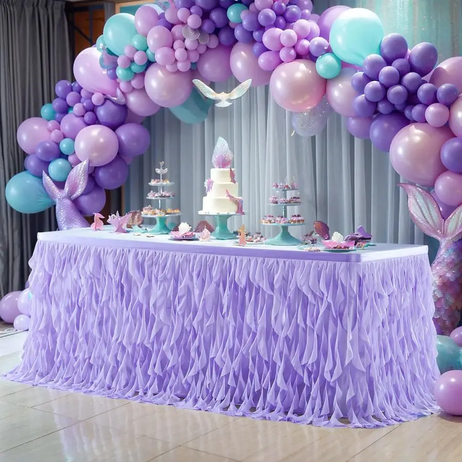 

Лавандово-фиолетовая тюлевая скатерть-юбка из тюля с рюшами для прямоугольного стола 14 футов, скатерть-тюльпан для девочек, мальчиков, детских праздников, Мерм