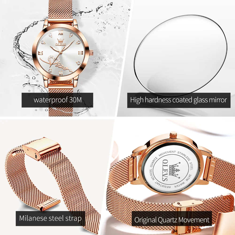 OLEVS 5530 Versatile Fashion Women\'s Quartz Watches Waterproof Mesh Belt Love Dial Luminous Clock Original Brand Wristwatch