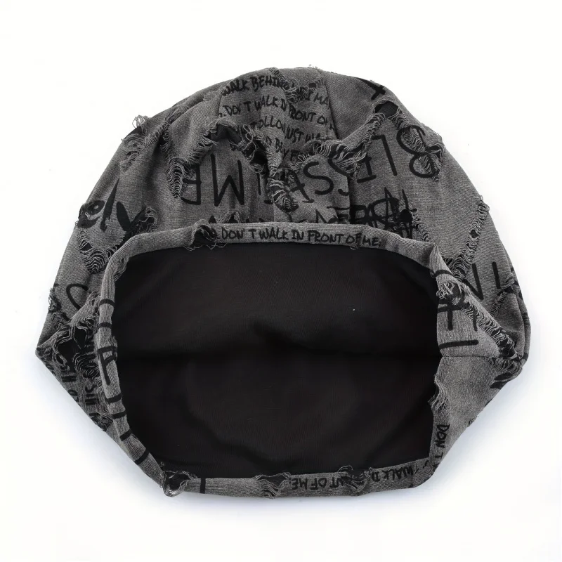 Unisex Letter Print Headwrap Universal Neutral Beanie Retro No-Brim Turban Spring Summer Slouchy Pull-On Cap Couple Skull Hat