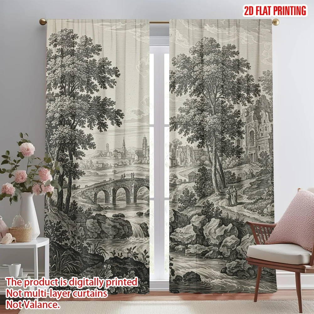 2D flat printing 2pcs Party Curtain Historic Landscape with Bridge Digital Printed Polyester Drapes All Season Party & Holiday