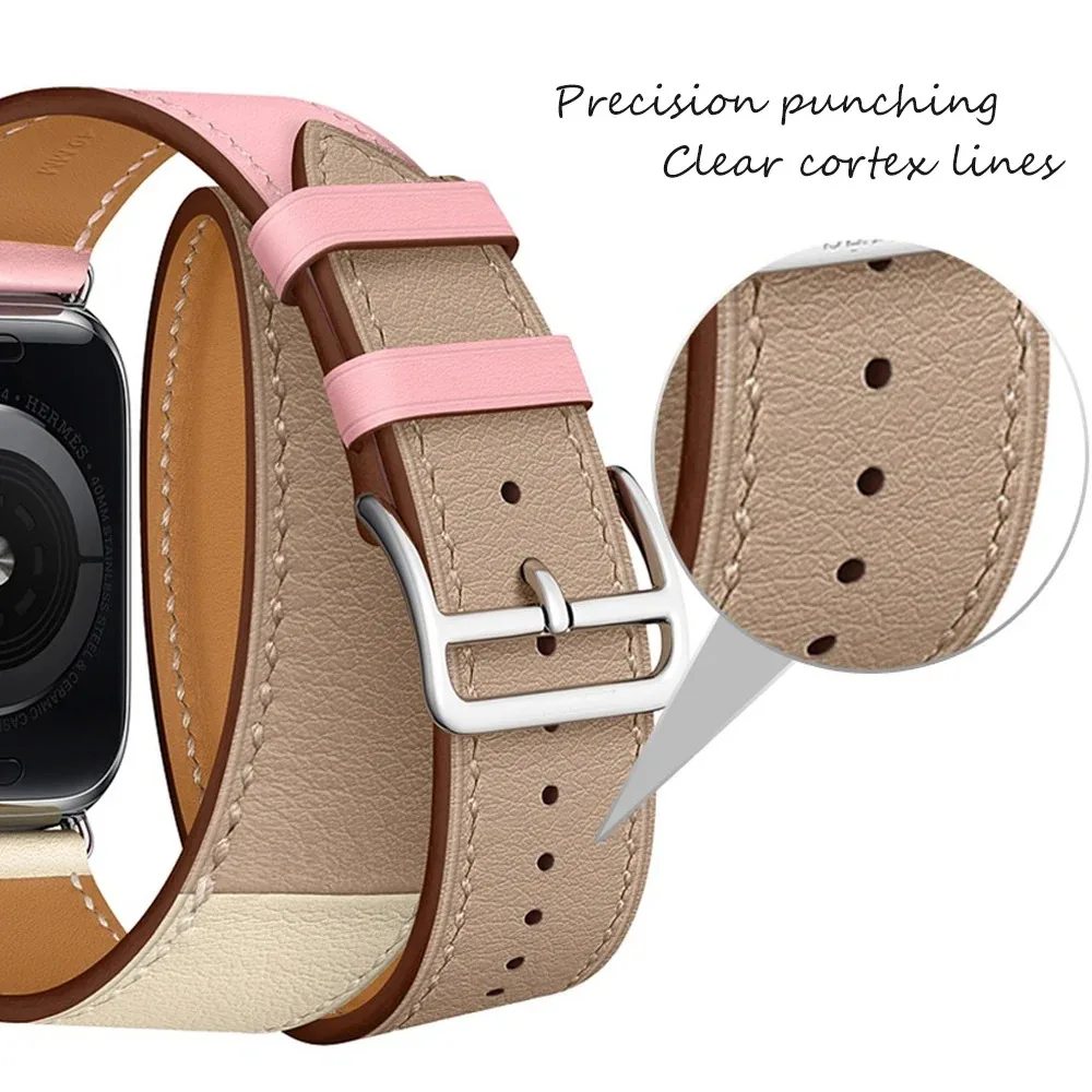 Double Tour Leather Loop for Apple Watch Band Ultra 2 49mm 45 44 42 Extra-long Strap for IWatch Belt 8 7 6 5 4 SE 40 41mm Correa