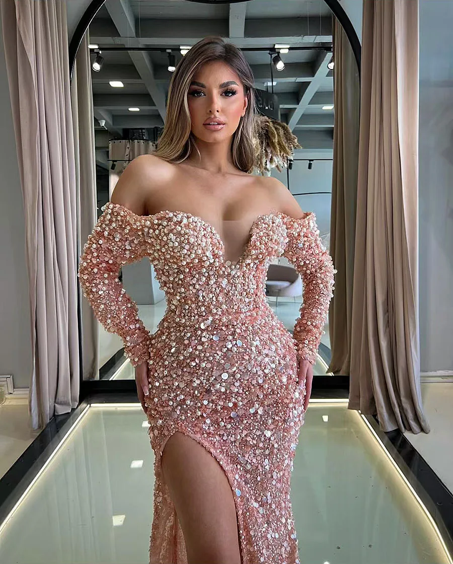 Sparkling Pink 2025 Women Evening Dress High Back Long Sleeve Pearls Wedding Party Gowns With Overskirts Dubai Formal Prom Dress