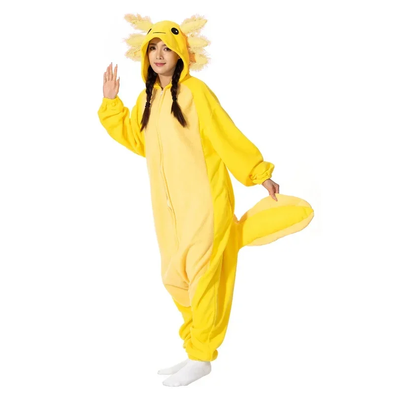 Eleimos Halloween onesie yellow axolotl for women men adult animal kigurumis pyjamas cartoon pajama homewear cosplay costume M13