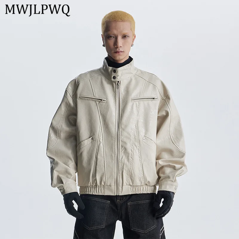 

MWJLPWQ Versatile Structure Design Stand Collar Leather Jacket Men's High Street Zipper Autumn Trendy Loose Casual Coat 11624
