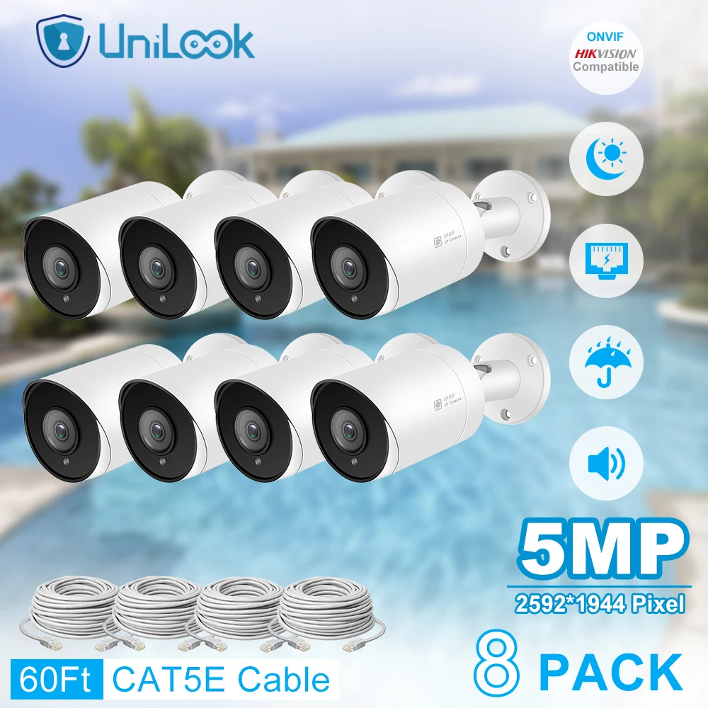 UniLook 5MP Bullet POE IP Camera with SD Card Outdoor CCTV Security Camera IP66 H.265 Microphone Video Surveillance Camera 8Pack