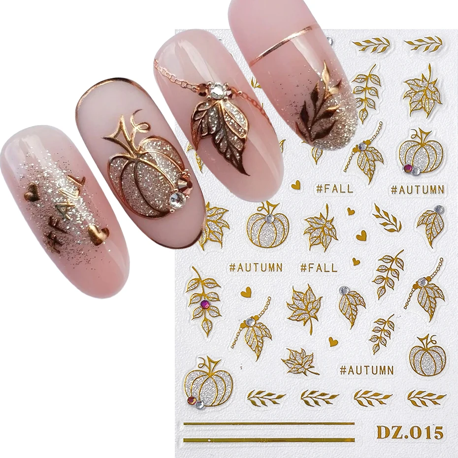 2pcs Gold Glitter Autumn Pumpkin Leaf Nail Stickers 3D Nail Decals Fall Maple Leaves Heart Design Nail Art Decorations Manicure