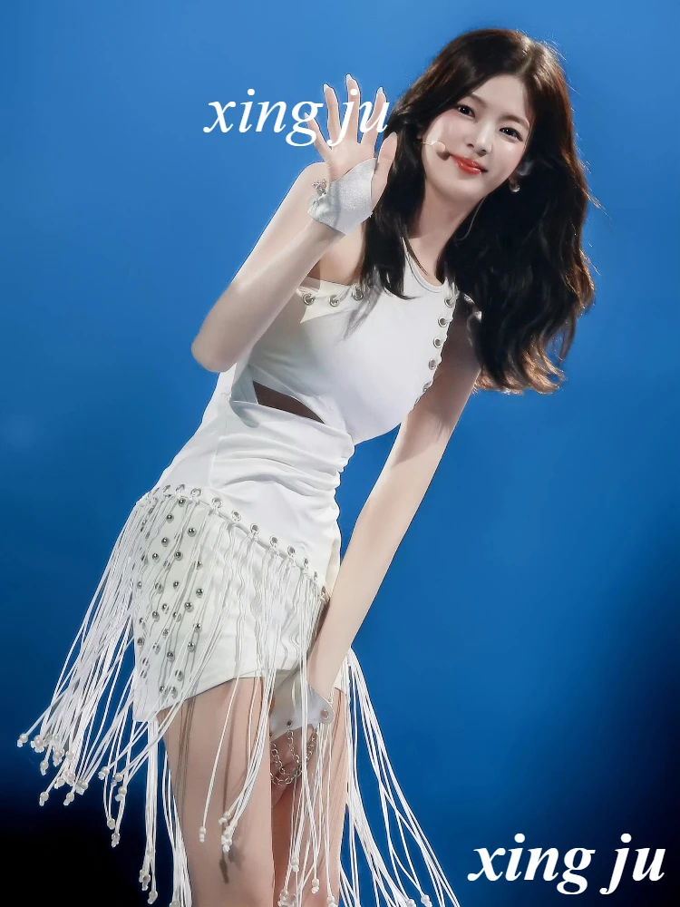 Women Singer Jazz Dance Costume Concert Performance White Tight Short Tops Nightclub Stage Irregular Tassel Skirt Kpop Outfits