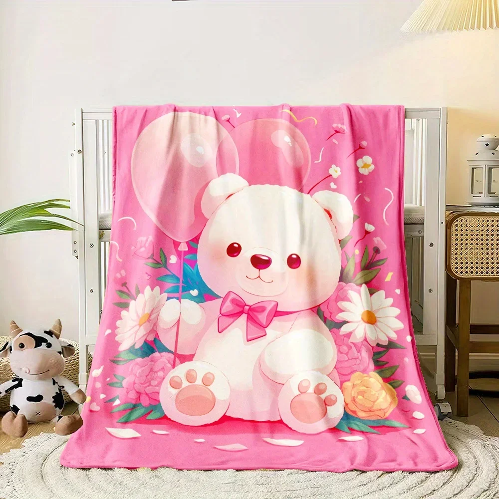 cute-pink-teddy-bear-balloon-flower-fleece-blanket-for-baby-girl-room-decor-soft-plush-throw-blanket-and-adorable-pillow-set-ki