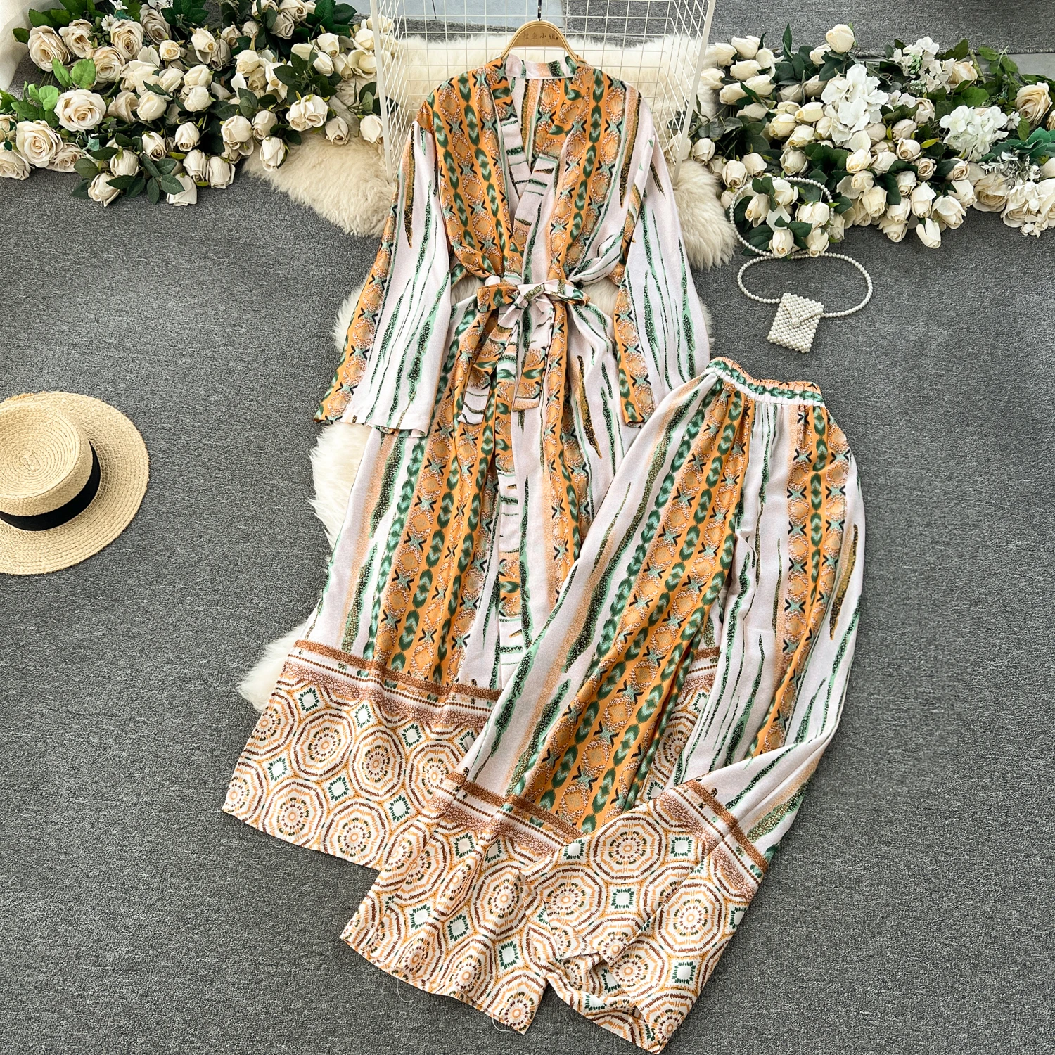 

Palace Style Autumn New Outfits Women's Vintage Print Two piece Set Lace up Pajama Robe+Wide Leg Pants Trendy Casual Suit