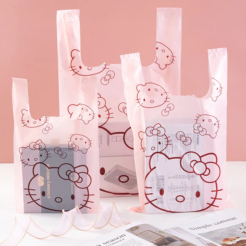 20Pcs/set Sanrio Garbage Bags Anime Hello Kitty Print Portable Household Size Pink Plastic Sack Vest Type Storage Bag Wholesale