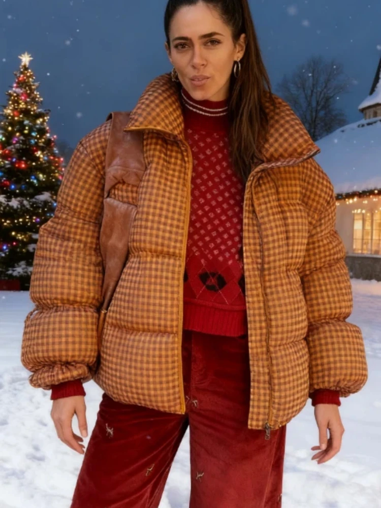 

2025 Autumn Winter Lady Chic Outwear Fashion Plaid Puffer Jackets Warm High Neck Bow Patchwork Drawstring Loose Female Coats