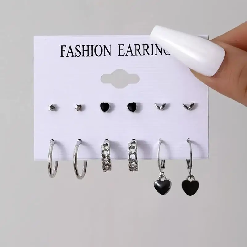 6Pcs Set Korea Trend Oil-dripping Heart-shaped Butterfly Imitation Pearl Hoop Earrings Stud Earrings For Women Cute Jewelry Sets
