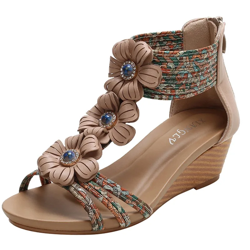 

2023 летние сандалии на танкетке, женская обувь, богемные модные пляжные сандалии на молнии до щиколотки, женские модельные туфли Sandalias De Mujer