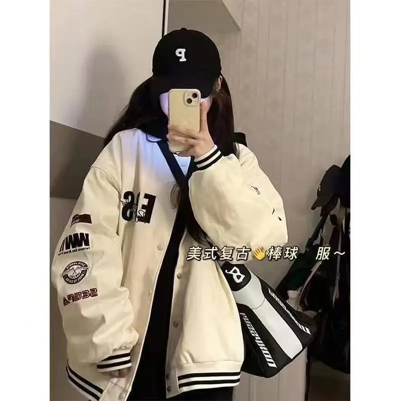 2026 Y2K Vintage Beige Bomber Jackets Women Kpop Harajuku College Korean Fashion Letter Oversize Baseball Jacket Woman