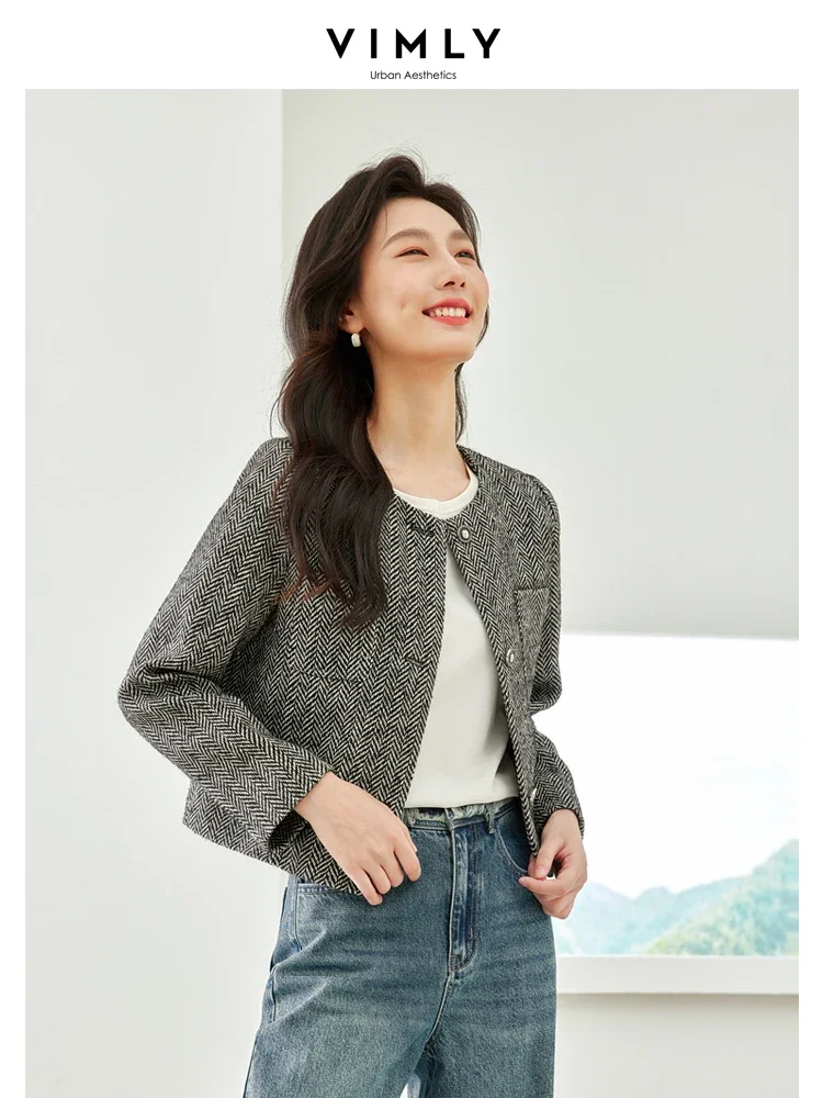 Vimly Sequins Tweed Cropped Jacket Women 2023 Straight O-neck Long Sleeve Elegant Spring Short Coat Office Ladies Clothing V7600