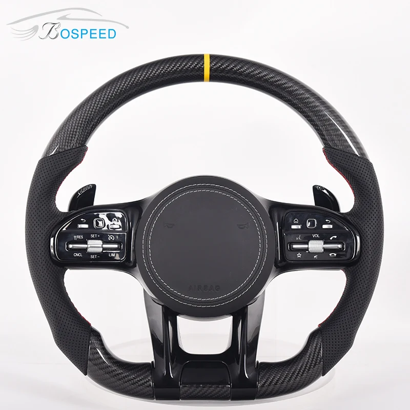 

Car Steering Wheel For Benz Amg C43 C63 E63 GLE63 W205 W204 Gloss Carbon Fiber Black Perforated Leather