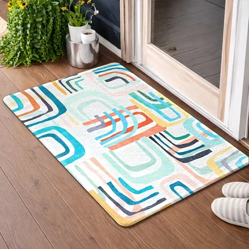 Macaron Color Abstract Curved Line Door Mat Non Slip Entrance Doormat Modern Rainbow Geometric Swirl Pattern Floor Rug