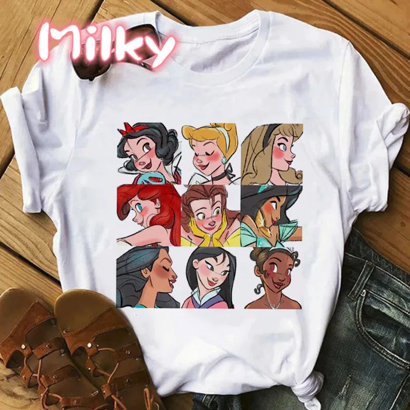 

Stitch Mickey Anime T Shirt Women Donald Duck Cute Princess T-shirt Graphic Frozen Mulan Summer Tshirt Female Casual Streetwear