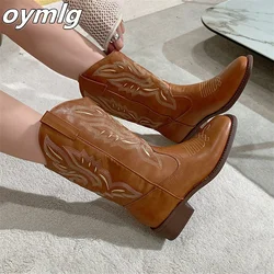 2024 New Coarse Heel Western Cowboy Boots V-neck Embroidered Sleeve Knight Boots Retro Mid Cap Square Head women boots