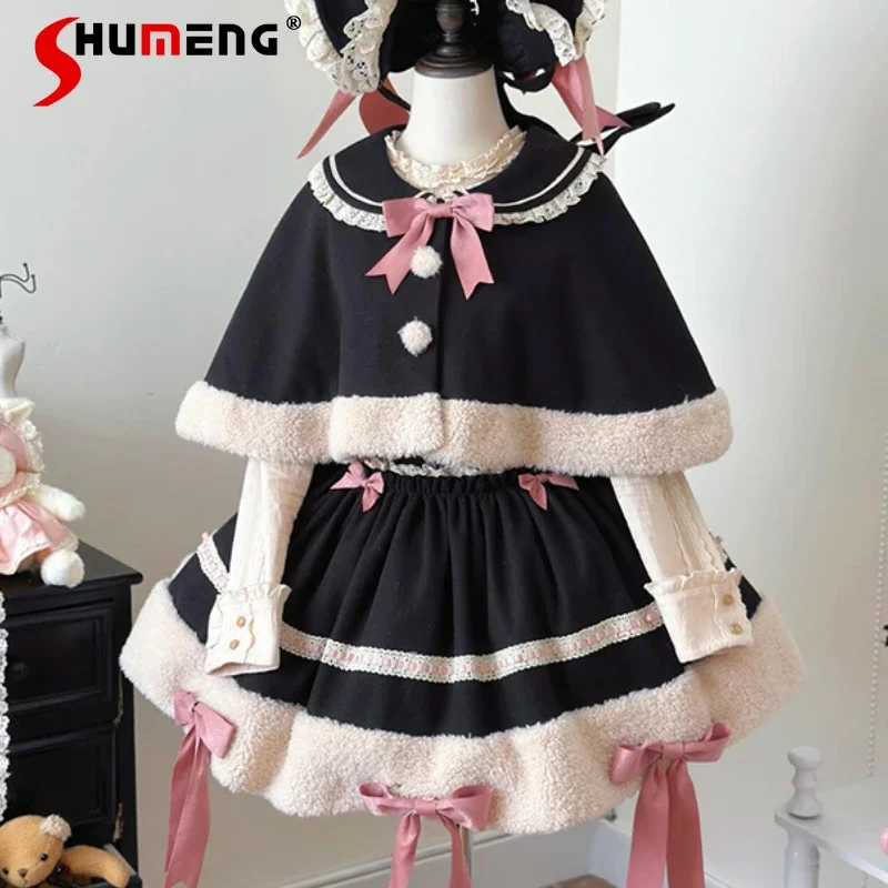 

Japanese Lolita Style 2024 Winter Sweet Cute Lolita Black Short Skirt And Cape Girly Rojita Two Pieces Suit Y2k Women's Clothes