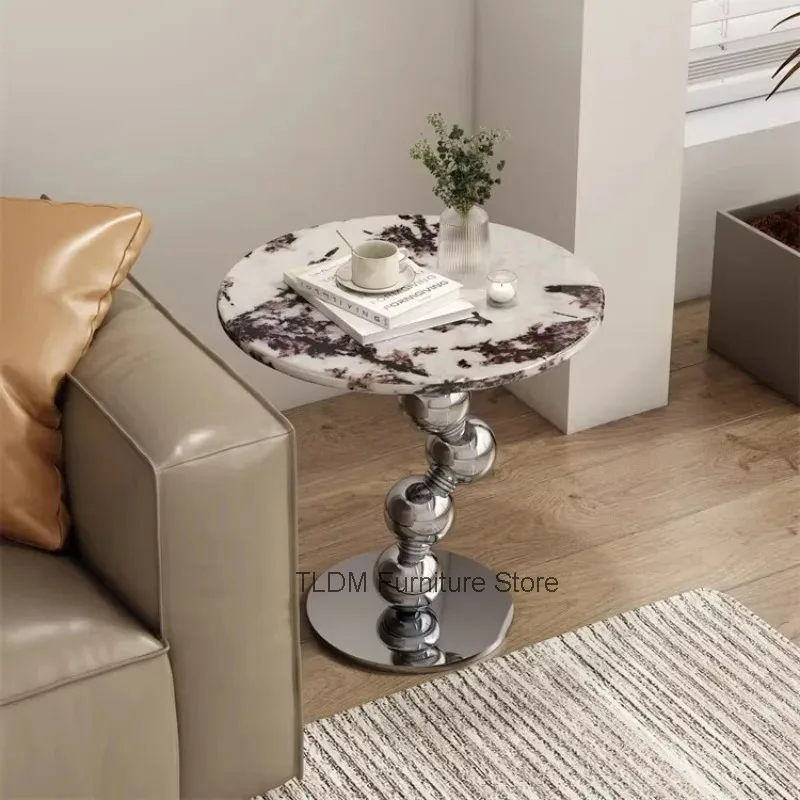 Modern Luxury Round Side Table Marble Pattern Tabletop Chrome Metal Ball Base Stylish Accent Table for Living Room Home Decor