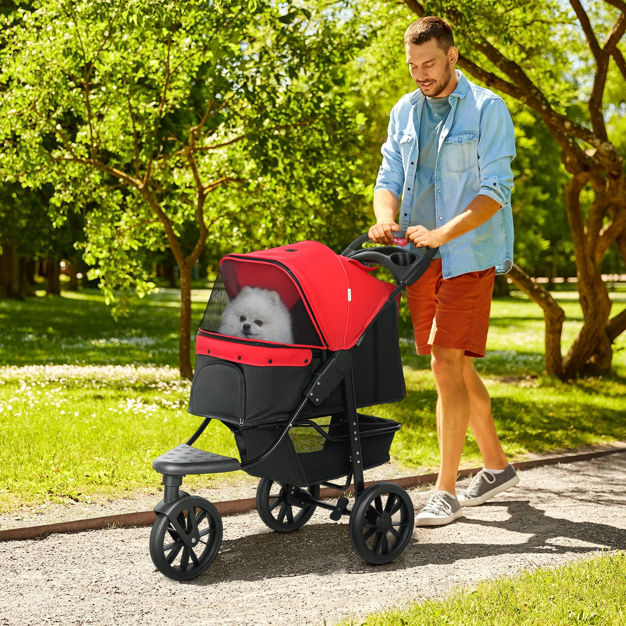 PawHut hondenkar, opvouwbare hondenbuggy tot 10 kg met 3 wielen, NET-winduursysteem en opbergmand.