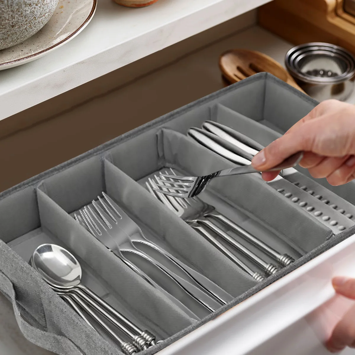 Flatware Storage Case 5 Compartment with Lid Foldable Utensil Storage Box Portable Cutlery Storage with Handle for Home Kitchen