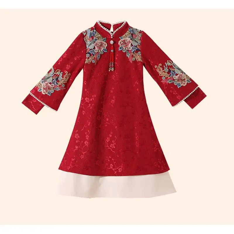 Robe de Bal pour Fille, Tenue de Soirée, de Mariage, à Fleurs, Tradition Alberoise, Cheongsam, Rouge, pour Nouvel An