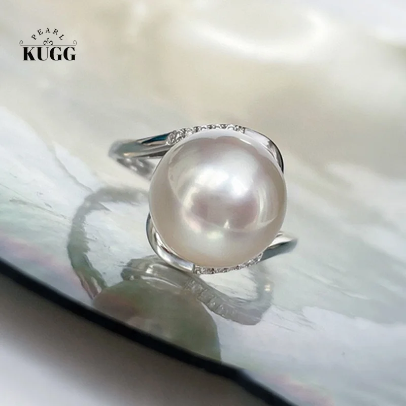 

KUGG PEARL18K White Gold Rings Elegant Shiny Design 11-12mm Real Natural Australian White Pearl Ring for Women Diamond Jewelry