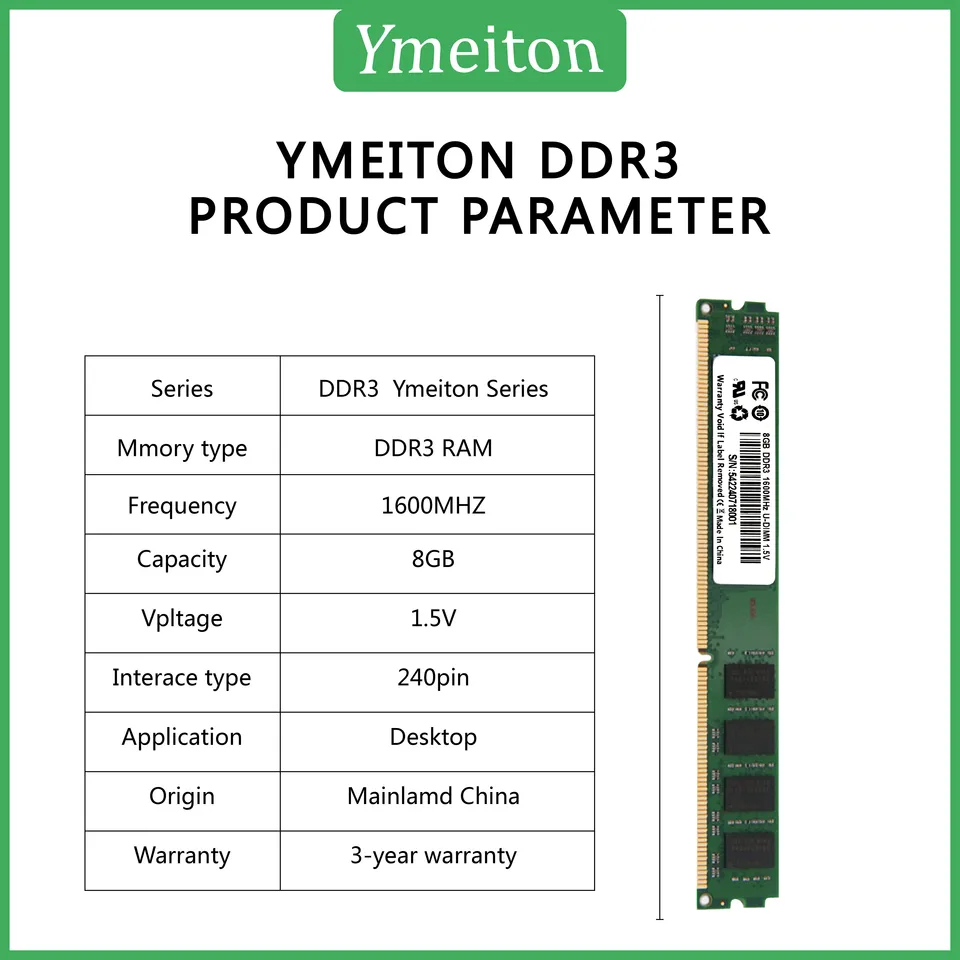 YMEITON 10PCS DDR3 8GB 1600MHz 240PIN RAM Desktop