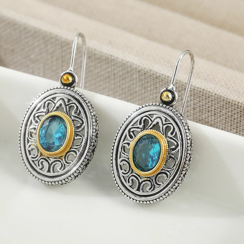 Vintage Hollow Carving Synthetic Zircon Drop Earrings For Women Amethyst Court Style Earring Jewelry Gifts