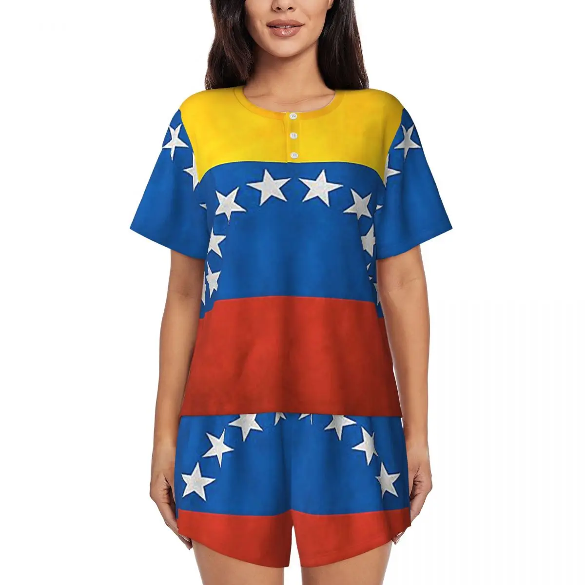 

Venezuelan Flag National Flag Of Venezuela Round Neck Short Sleeve Nightgowns for Sleeping Women Pajama Set Short Pants