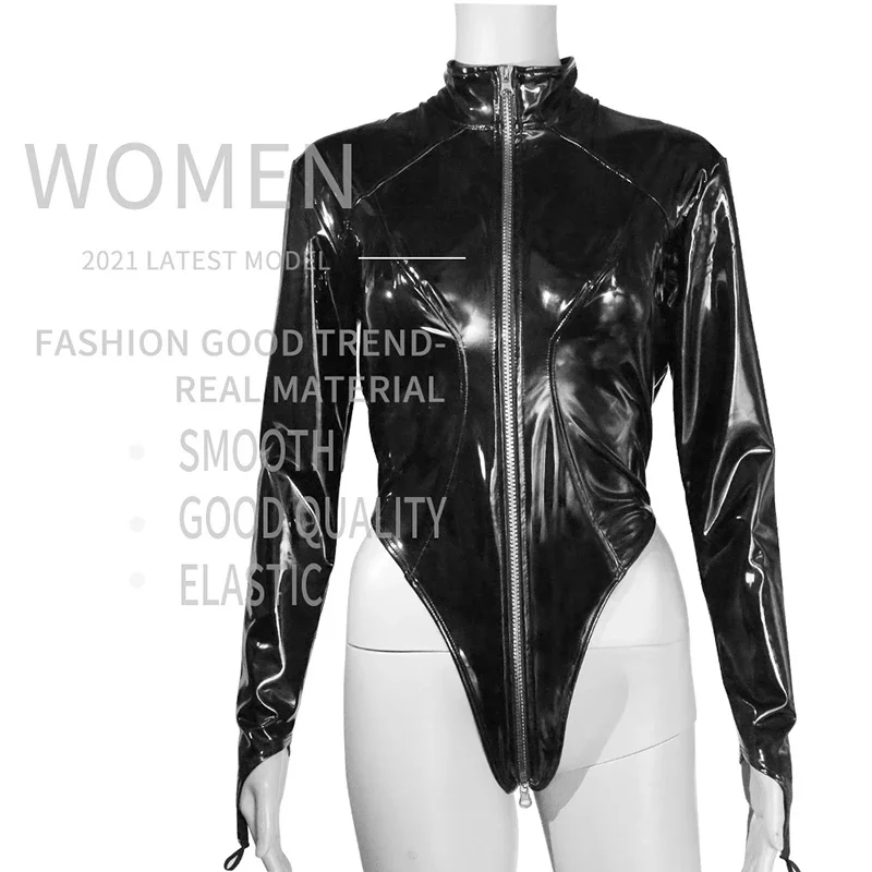 Women Sexy Shiny Patent Leather Bodysuits Ladies Long Sleeve High Neck Leotard Clubwear Latex Leather Bodycon Costume Custom