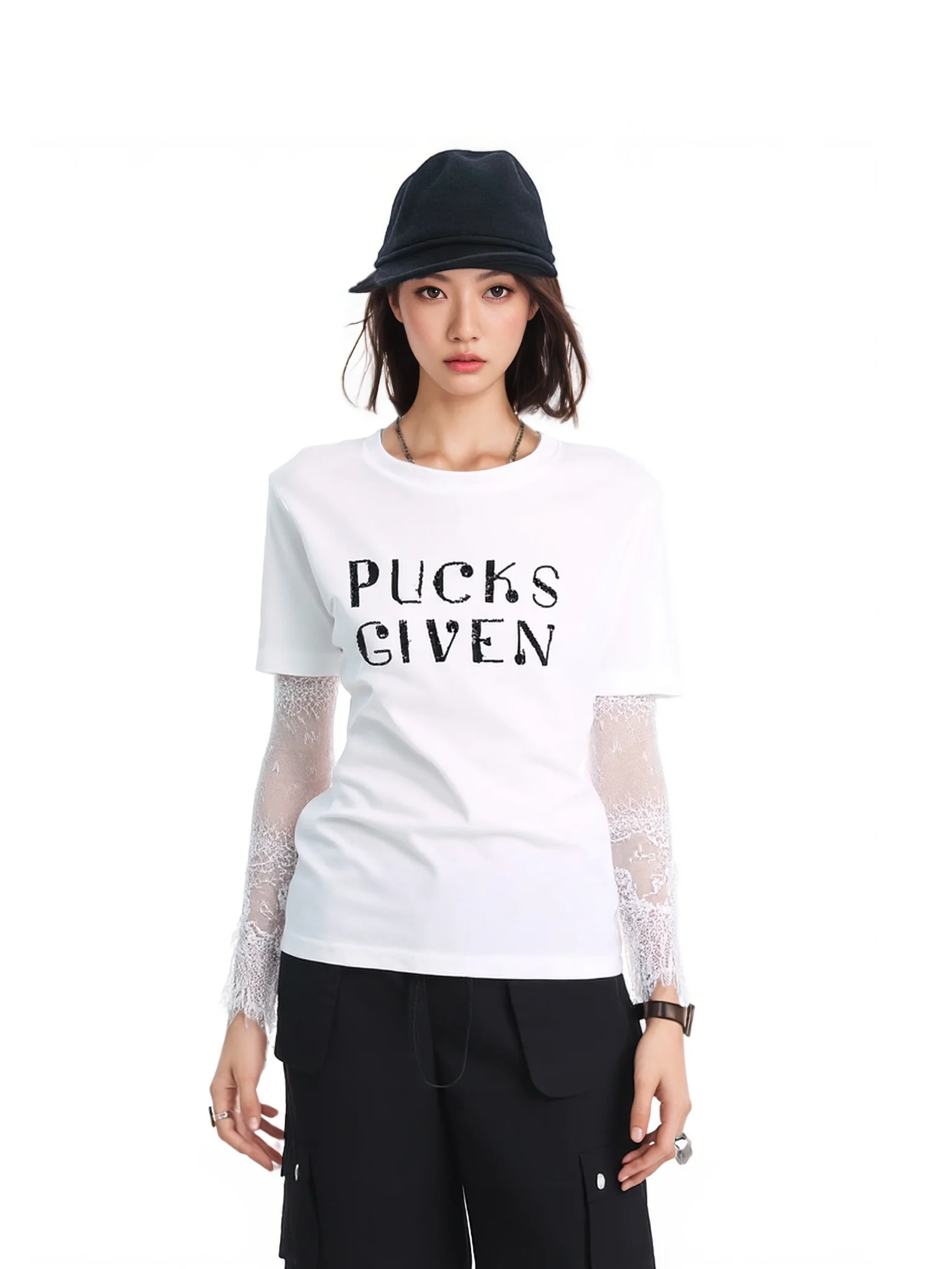

BW Lace Splice Long Sve T-irt Women's New Sle Fake Two-Piece Top White Cotton Polyester Blend Casual Print round Ne