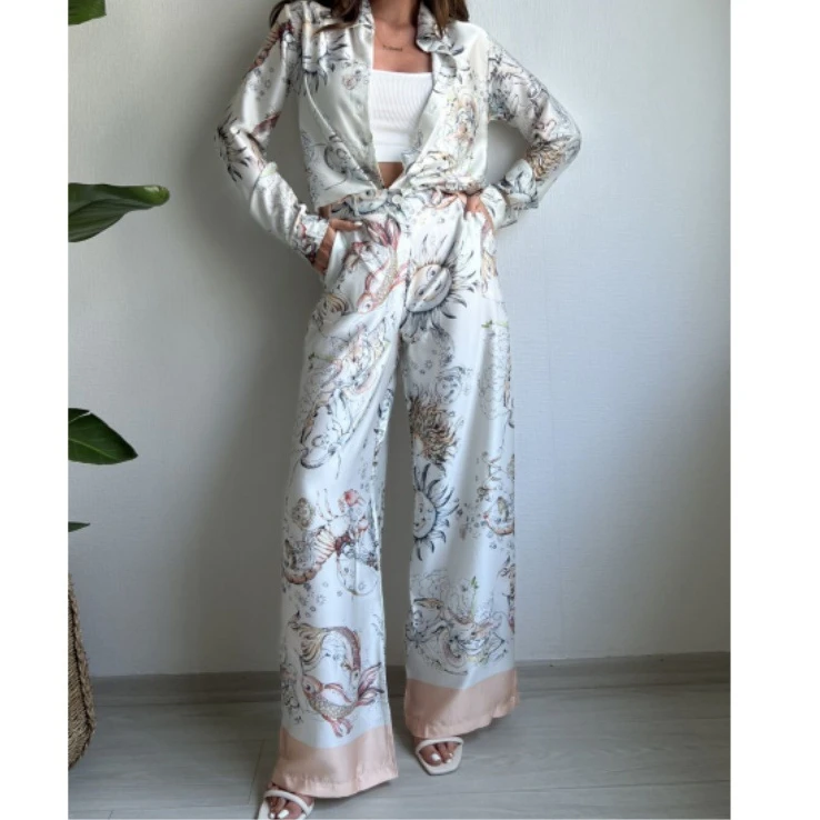 Women Pants Set Blouse Straight Trousers Floral Print Two Piece Set Shirt Set Dashiki African Clothes Summer Top Matching Sets