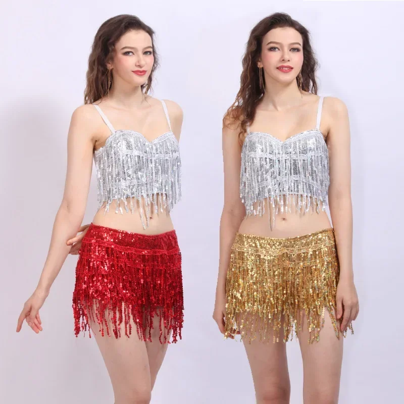 أزياء الرقص الشرقي على الطراز الأوروبي والأمريكي الصيفي شورت شرابة ترتر مكون من قطعتين شورت رفع الورك أزياء المسرح